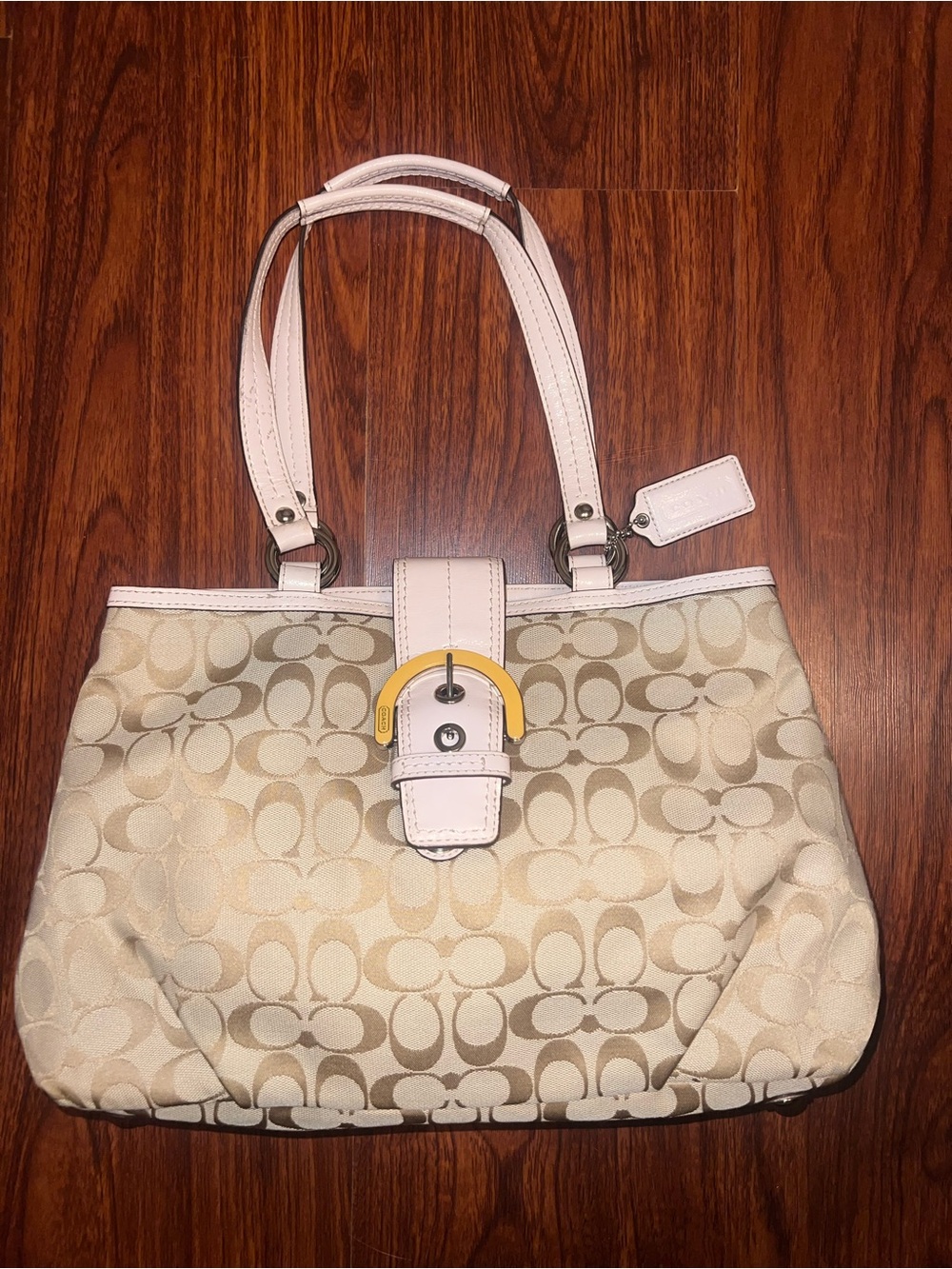 Coach Beige Signature Tote with Pale Pink Trim and Yellow Buckle
